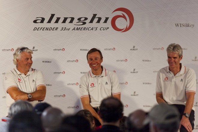 Brad Butterworth (L), Ernesto Bertarellli and Grant Simmer (R) - just prior to the sailing of America’s Cup 2010 © Guido Trombetta/Team Alinghi